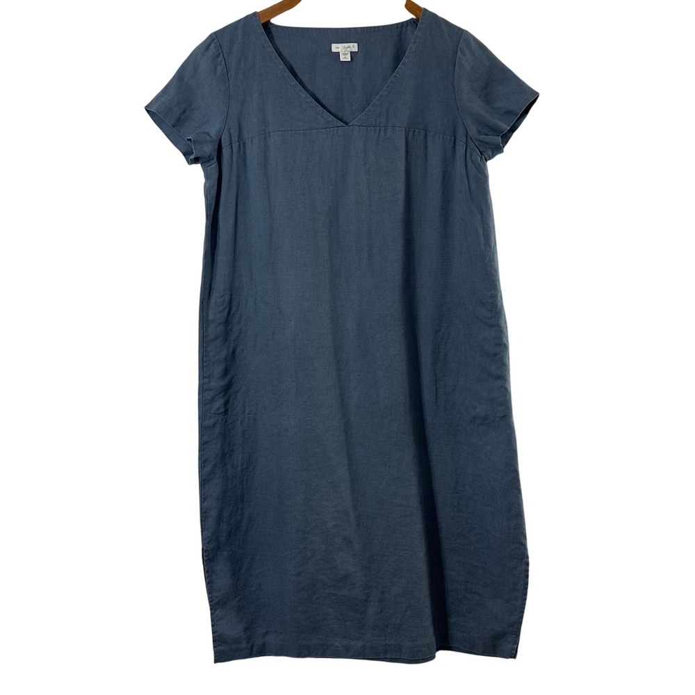 Pure‎ Jill Linen V-Neck Shift Dress Blue Gray Petite S Pockets Short Sleeve Midi